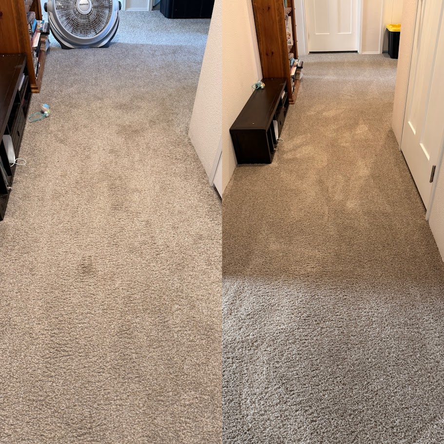 Before and after professional carpet cleaning by Britney's Carpet & Tile